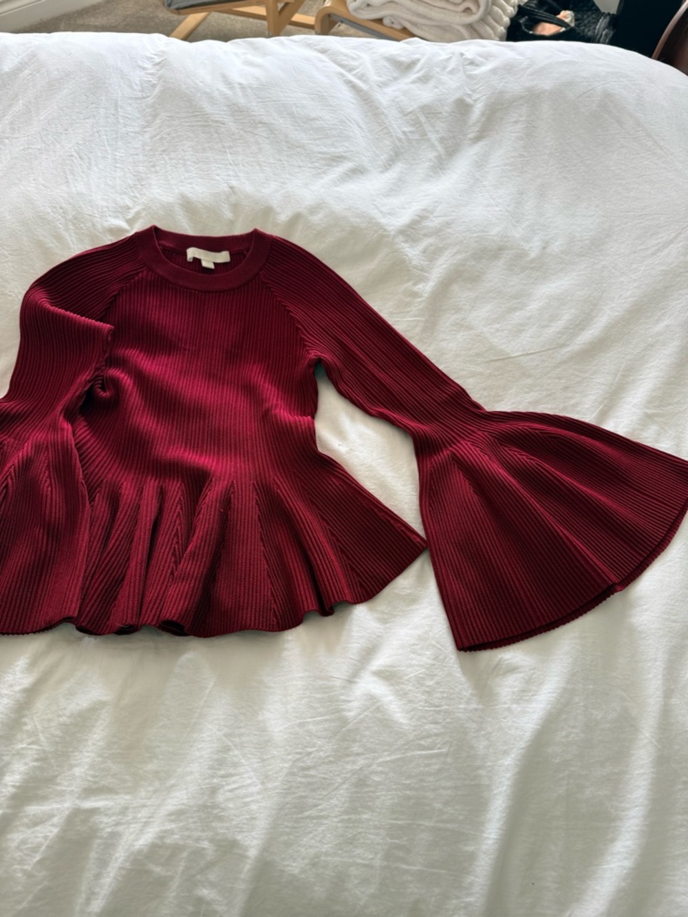 Jonathan Simkhai Ribbed Bell Sleeve Sweater Top - Deep Wine - Picture 2 of 4